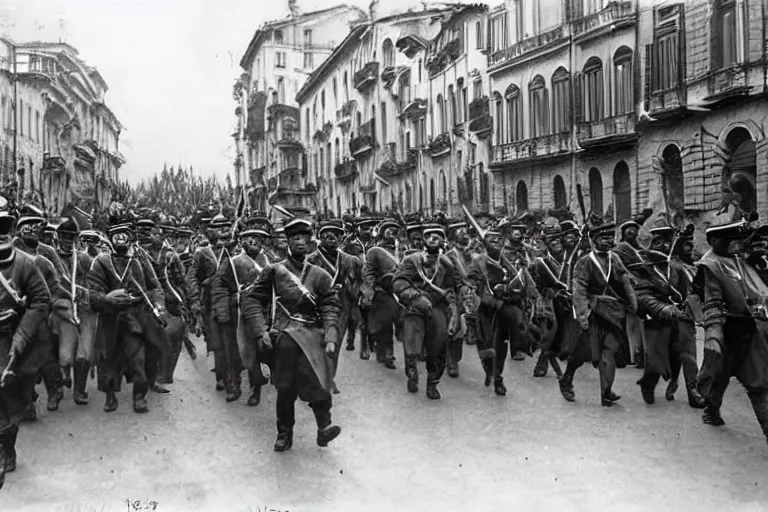 Prompt: occupying army marching through italian - style city, 1 9 0 5, black and white photography