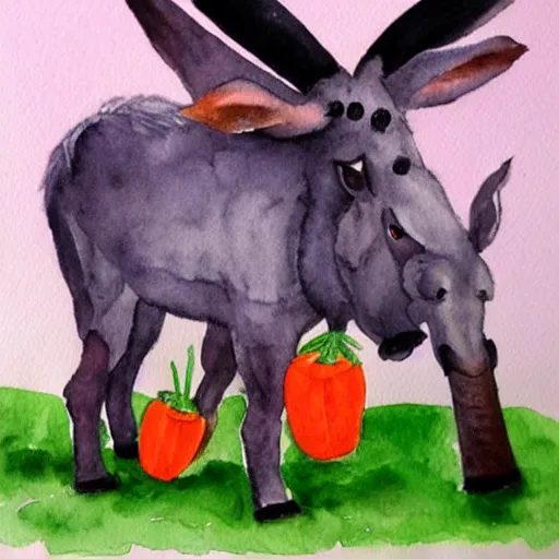 Prompt: an evil donkey is very excited when it sees a giant carrot, watercolor