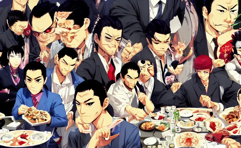 Prompt: a gang of yakuza eating sushi, digital painting masterpiece, advanced lighting technology, stylized yet realistic anatomy and face, gorgeous, by reiq and jamie hewlett and bengus and akiman and shigenori soejima and bastien vives and balak and michael sanlaville, 4 k wallpaper, cinematic, gorgeous brush strokes