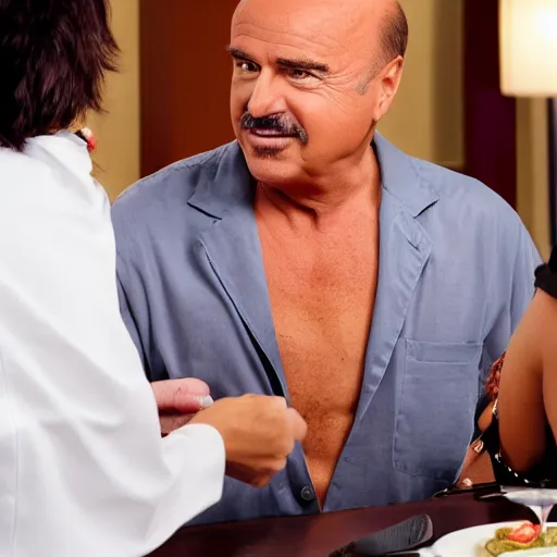 Image similar to dr phil takes you out on a date, olive garden, intimate, warm atmosphere, cheerful, loving