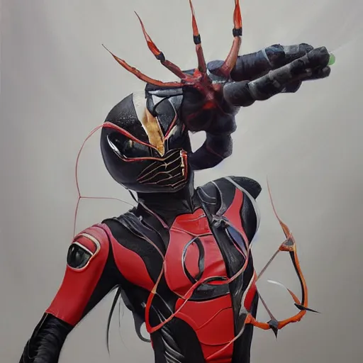 Image similar to a realistic painting by Raffaello Sanzi depicting the Kamen Rider Ichigo with the head of the symbiotic Venom in the Renaissance,smooth,Sharp focus, trending on Artstation.