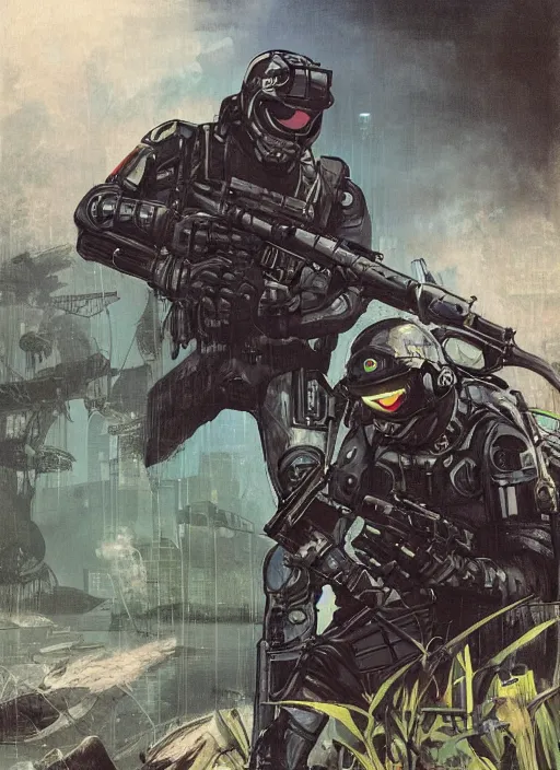 Image similar to black cat. USN blackops operator emerging from water at the shoreline. Operator wearing Futuristic cyberpunk tactical wetsuit and looking at an abandoned shipyard. Frogtrooper. rb6s, MGS, and splinter cell Concept art by James Gurney, Alphonso Mucha. Vivid color scheme.
