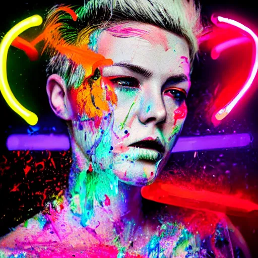 Prompt: portrait made out of exploding paint, punk rock women, short blond hair, octane render, highly detailed, realistic, beautiful, splashes of neon, comic book art