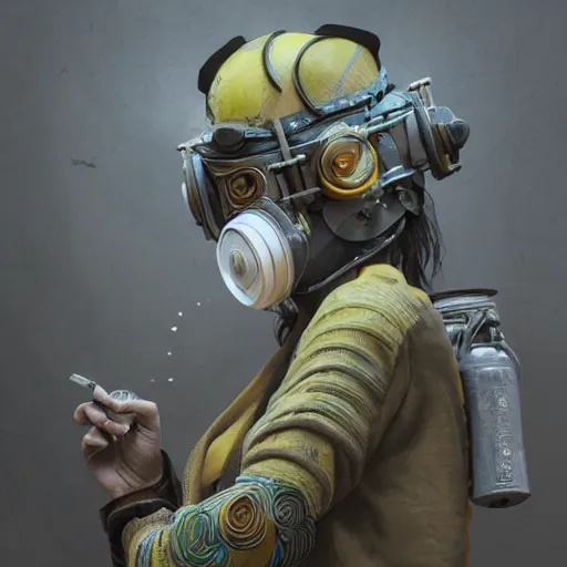 Image similar to korean solarpunk curator in an art gallery with extremely detailed respirators and head gear, inspired by die antwoord beautiful, hand painted textures, cloth physics, deviantart, karol bak, masamune shirow, black and white, photorealistic, concept art, perfect render, 3 d render, pixar, 8 k