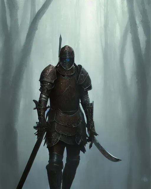 Image similar to Hyper realistic painting of a knight in rusty full plate armor wielding a greatsword, hyper detailed, surrounded by a dark forest, fog, moody, cinematic lighting, dim blue lighting, by greg rutkowski, trending on artstation