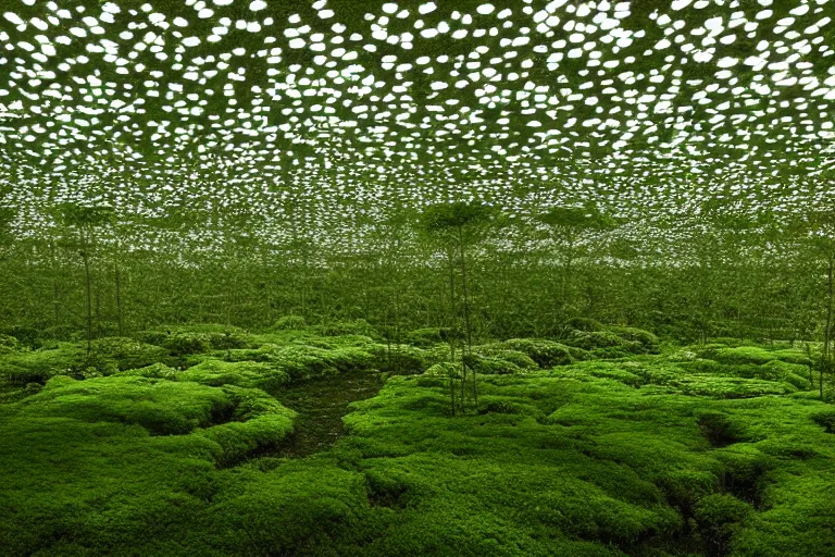 Prompt: 70mm still from Malick: floating VR interface with depth of field, multiscale micro-room hallway tunnels branching amongst a minimalist area made of moss, vertical panels upon panels stacking floating leaves into the distance, vertically floating panels & soft white marble tablets displaying zooming interfaces and long scrolls and blurry panels of floating above the grass, macro view with bokeh