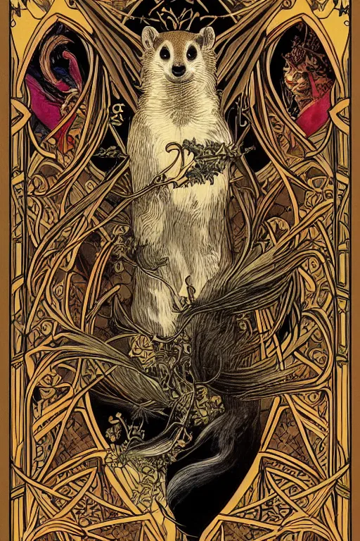 Image similar to Tarot card illustration of The Stoat, illustration by Ayami Kojima, art nouveau style, elaborate details, 4k