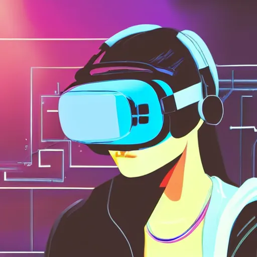 Prompt: a human using vr glasses and using a cellphone with coins going out of the screen, synthwave, metaverse