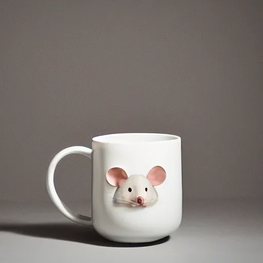 Prompt: a studio photoshoot of a collectible mug with fat mouse shape, special ceramic materials, Off-White, realistic, color film photography by Tlyer Mitchell, 35 mm, graflex