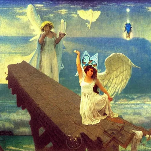 Image similar to Angels falling from the sky, jester leaving the castle through the bridge, thunderstorm, beach ocean on the background major arcana sky, by paul delaroche, alphonse mucha and arnold böcklin arnold böcklin hyperrealistic 8k, very detailed