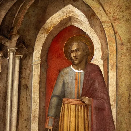 Image similar to a fresco of a crusader standing in a church, emotional composition, featured on artstation, by Giotto di Bondone