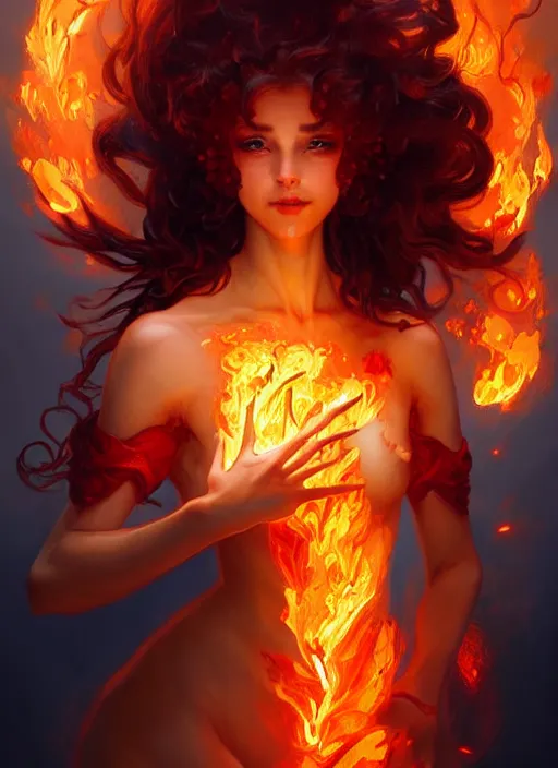 Image similar to a cute fire elemental, with fingers and hair turning into flames, fantasy, intricate, elegant, highly detailed, digital painting, artstation, concept art, wallpaper, smooth, sharp focus, illustration, art by artgerm and greg rutkowski and alphonse mucha