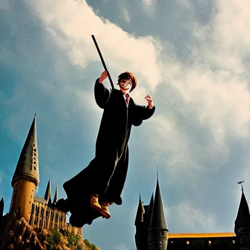 Image similar to Harry Potter flying on a broom