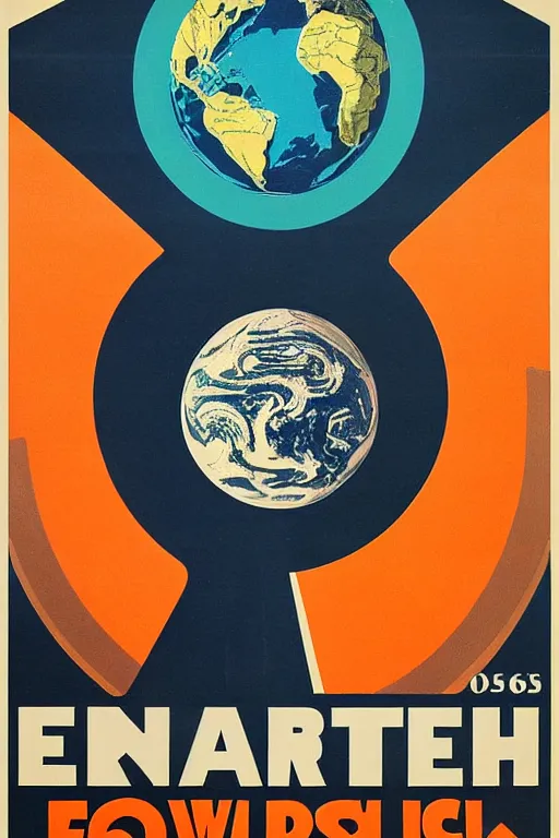 Image similar to poster of earth, 1 9 5 0 s style, futuristic design, dark, symmetrical, washed out color, centered, art deco, 1 9 5 0's futuristic, glowing highlights, intense