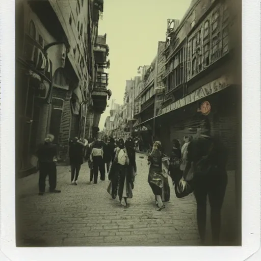 Image similar to a street level Polaroid of a steampunk city street, with people walking on the streets, at night