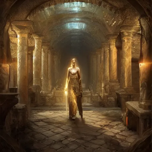 Prompt: epic masterpiece of cinematographic hyperrealism where an archeologist finds a goblet of immortality in an ancient crypt. realistic shaded lighting poster by craig mallismo, artgerm, jeremy lipkin and michael garmash, unreal engine, detailed and intricate environment, digital art, art station trends, horror, matte