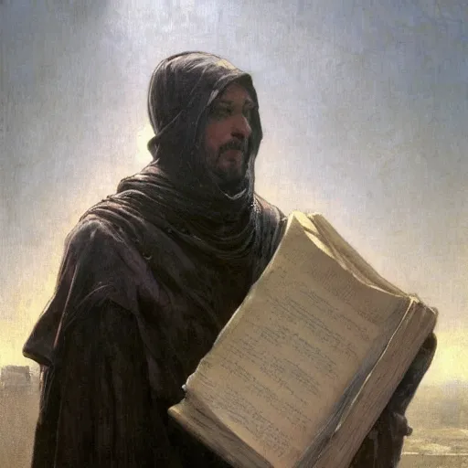 Image similar to half portait of magican wearing a closed cowl holding a big old book! with chains on his wrist, jeremy mann, jean leon gerome, alphonse mucha, greg rutkowski, hood covers his eyes, ( ( ruins of ancient rome ) ), at dusk, mysterious atmosphere, sunrays, dof, masterpiece, high detailed, 8 k