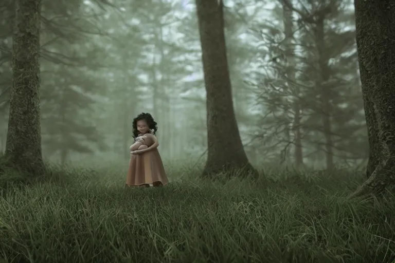 Image similar to a cinematic shot of a young woman with dark hair holds a baby in a dark, foggy forest, octane render, nvidia raytracing demo, closeup, masterpiece