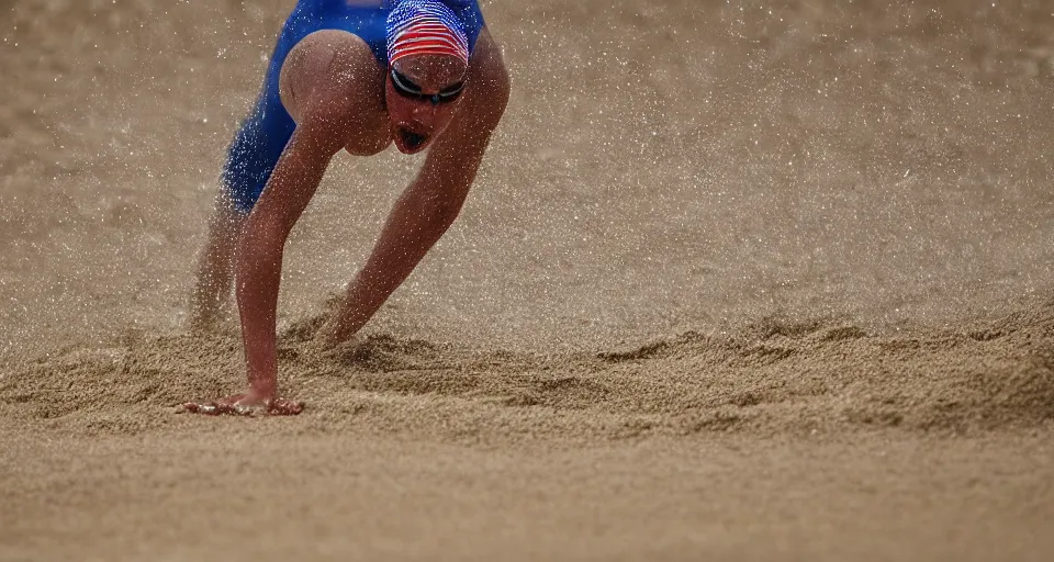 Image similar to olympic swimming in sand instead of water, motion blur