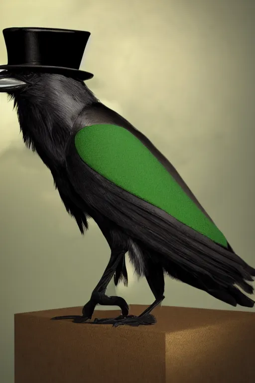 Image similar to Crow wearing a green formal overcoat and top hat, hyperrealistic, concept art, octane render, unreal engine 5, trending on DeviantArt, highly detailed, high quality, 8K, soft lighting, cute, natural lighting, realistic face, trending on Artstation, elegant clothes, profile picture, path traced, house background