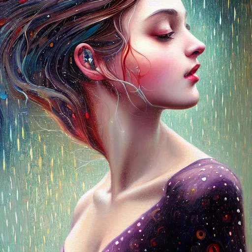 Prompt: highly detailed painting of a beautiful young woman, dancing in the rain, intricate, high quality oil painting artstyle, in the style of anna dittmann, deviantart, figurative art, deviantart, ilya kuvshinov, lovecraftian, very detailed face, portrait