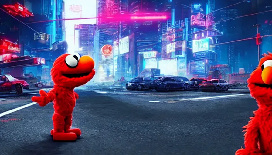 Prompt: elmo performs a drive - by shooting in cyberpunk night city