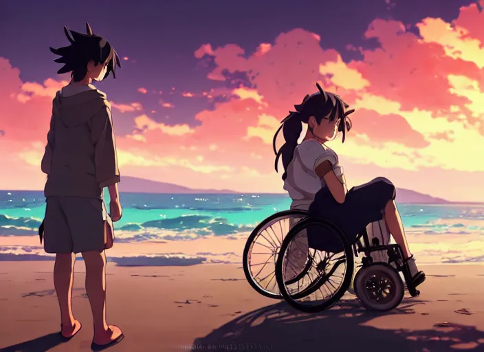 Image similar to girl on wheelchair is gently pushed by a man, sunset sky in background, beach landscape, illustration concept art anime key visual trending pixiv fanbox by wlop and greg rutkowski and makoto shinkai and studio ghibli and kyoto animation, symmetrical facial features, modern days, daily clothing, backlit