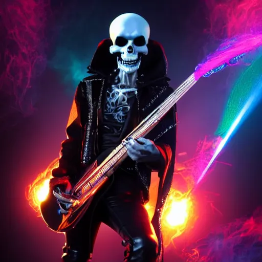 Image similar to gothpunk Skeletor with laser eyes, playing electric guitar, smoke, lights, lasers, highly detailed, realistic, technology and magic, studio lighting, UHD