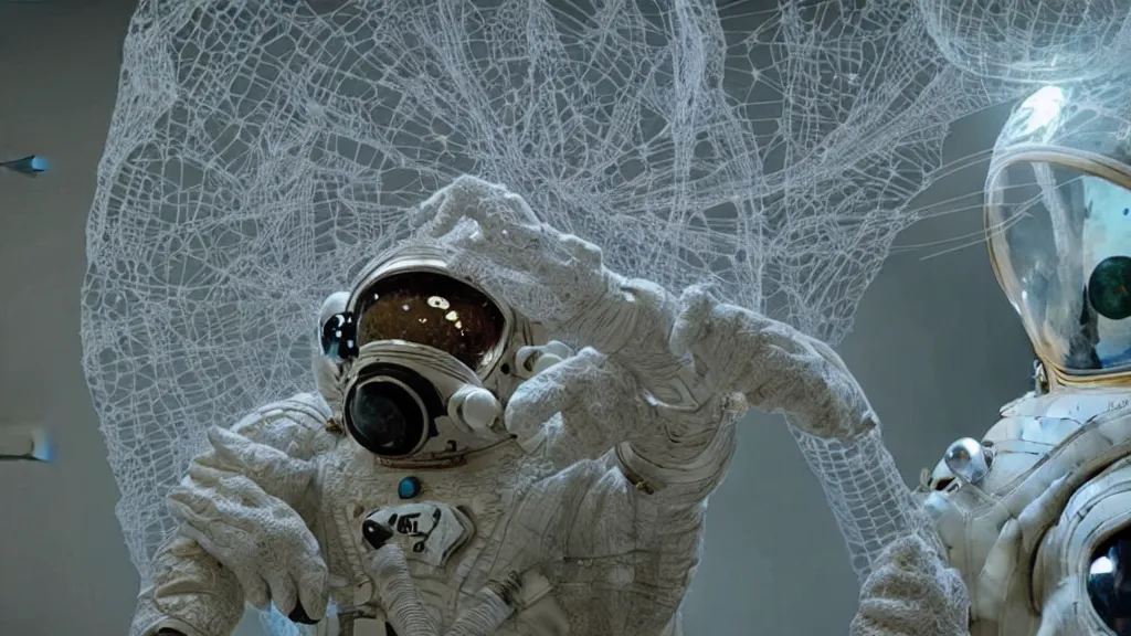 Image similar to a single astronaut eva suit made of diamond 3d fractal lace iridescent bubble 3d skin and covered with insectoid compound eye camera lenses floats through the living room, film still from the movie directed by Denis Villeneuve with art direction by Salvador Dalí, wide lens,