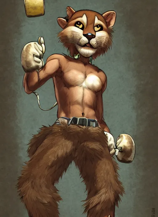 Image similar to character portrait of the anthro anthropomorphic mountain lion head animal person fursona at the gym, hidari, color page, tankoban, 4 k, tone mapping, akihiko yoshida.