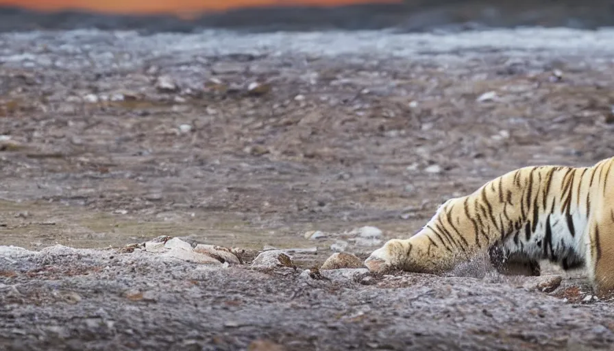 Image similar to a tiger polar bear!!! hybrid! hyper realistic!! realistic lighting!! wildlife photographer of the year!!! bold natural colors, national geographic, hd, wide angle, 8 k