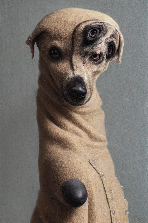 Image similar to Slavic Cynocephaly dog head man, woolen torso in medieval clothes, oil painting, hyperrealism, beautiful, high resolution, trending on artstation,