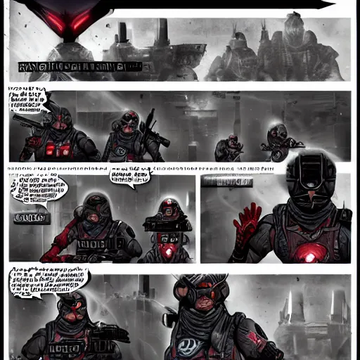 Prompt: marvel comic page of the helghast soldiers from the game Killzone, comic, textless, detailed