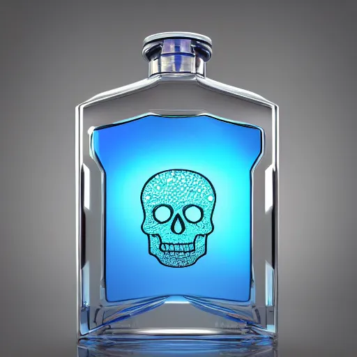 Prompt: crystal skull cologne bottle, clear liquid, with silver runes on it, photorealistic, product photography, 3D n-6