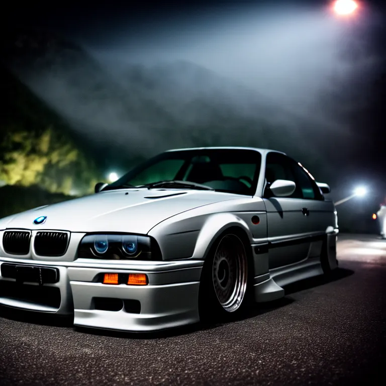 Prompt: close-up-photo BMW E36 turbo illegal meet, work-wheels, Gunma prefecture, misty at night, cinematic color, photorealistic, high detailed deep dish wheels, highly detailed, custom headlights, subtle neon underlighting