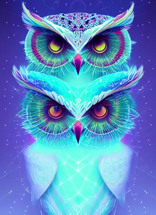 Image similar to symmetry!! product render poster vivid colors divine proportion owl, ice and snow, glowing fog intricate, elegant, highly detailed, digital painting, artstation, concept art, smooth, sharp focus, illustration,