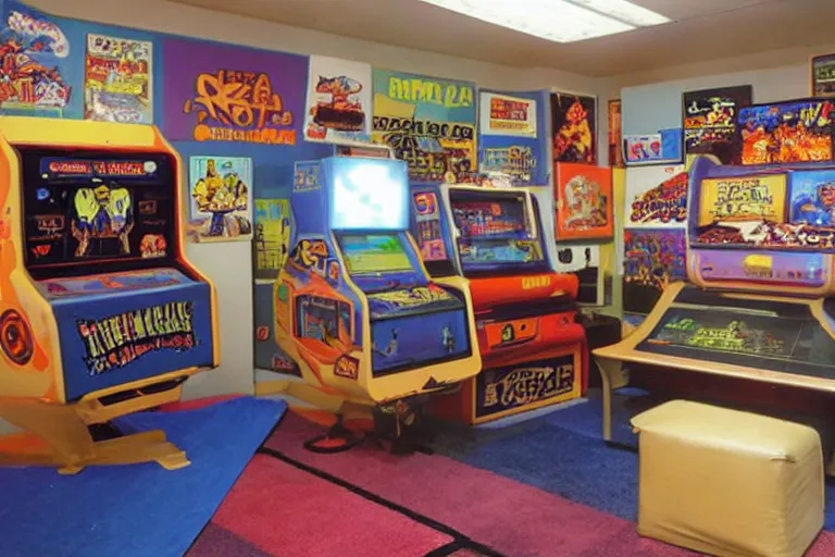 Image similar to photo of a 1 9 8 0 s video game room