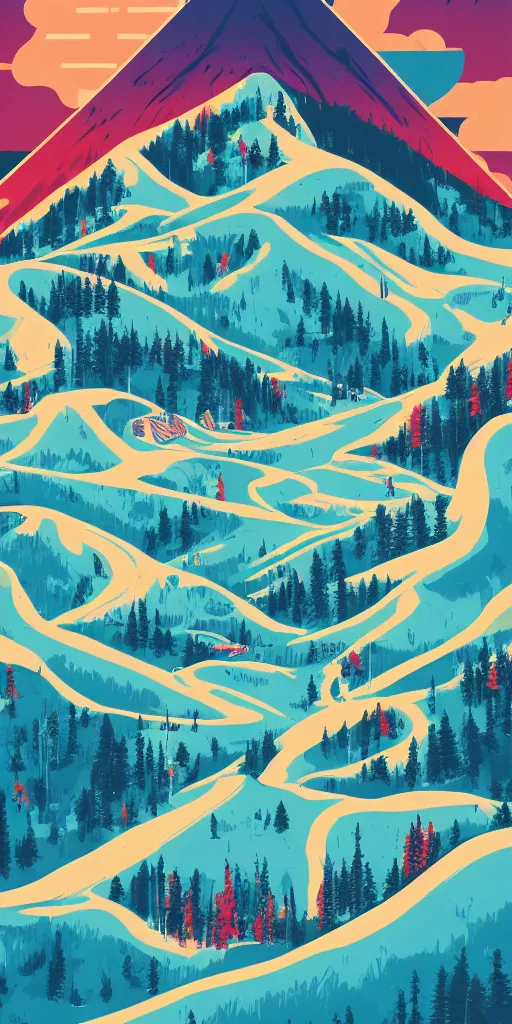 Prompt: cursed multicolored ski slope. zoomed out view of full mountain, tom whalen, james gilleard, liam brazier, tristan eaton