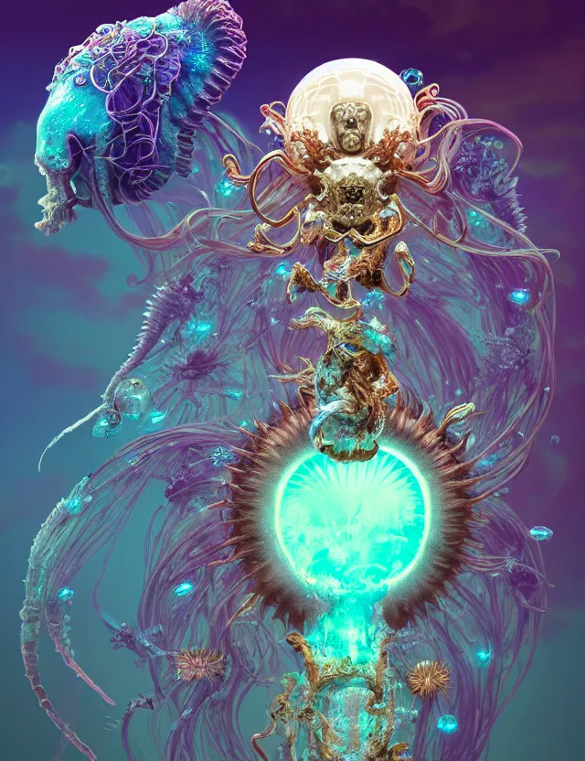 Image similar to goddess macro shouler portrait from bottom to top in crown made of ram skull. betta fish, jellyfish phoenix, bioluminiscent, plasma, ice, water, wind, creature, super intricate ornaments artwork by tooth wu and wlop and beeple and greg rutkowski and alexander fedosav