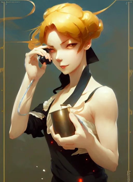 Image similar to kagamine rin drink water, elegant, highly detailed, digital painting, artstation, concept art, smooth, sharp focus, illustration, art by artgerm and greg rutkowski and alphonse mucha