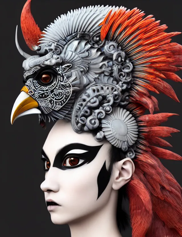 Image similar to 3 d goddess close - up profile portrait punk with mohawk with ram skull. beautiful intricately detailed japanese crow kitsune mask and clasical japanese kimono. betta fish, jellyfish phoenix, bio luminescent, plasma, ice, water, wind, creature, artwork by tooth wu and wlop and beeple and greg rutkowski