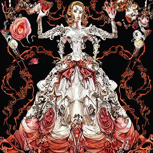 Image similar to the satanic bride looking very sophisticated and hypermaximalist at her baroque wedding reception banquets as she feasts among the many archdemons