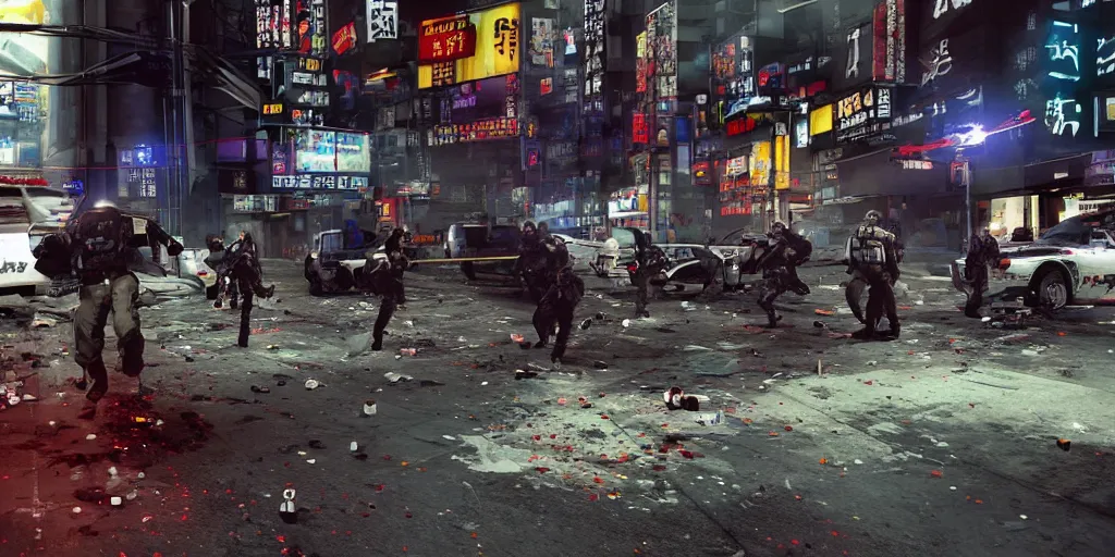 Prompt: 2001 Video Game Screenshot, Anime Neo-tokyo Cyborg bank robbers vs police, Set in Cyberpunk Bank Lobby, bags of money, Multiplayer set-piece :9, Police officers hit by bullets, Police Calling for back up, Bullet Holes and Blood Splatter, :6 ,Hostages, Smoke Grenades, Riot Shields, Large Caliber Sniper Fire, Chaos, Cyberpunk, Money, Anime Bullet VFX, Machine Gun Fire, Violent Gun Action, Shootout, Escape From Tarkov, Intruder, Payday 2, Highly Detailed, 8k :7 by Katsuhiro Otomo + Sanaril : 8