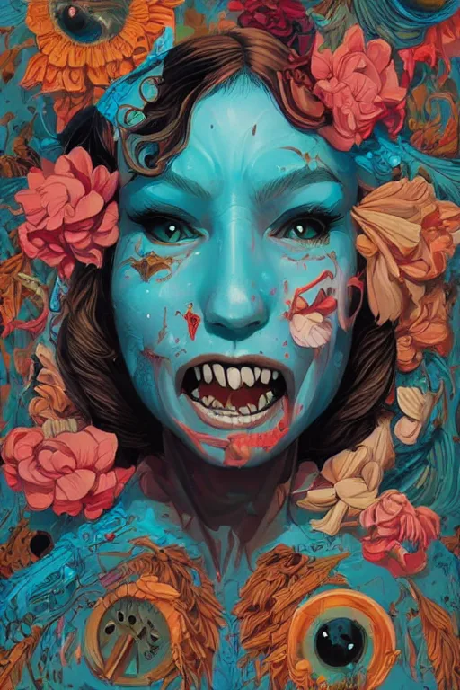 Image similar to an undead human smiling cute, tristan eaton, victo ngai, artgerm, rhads, ross draws