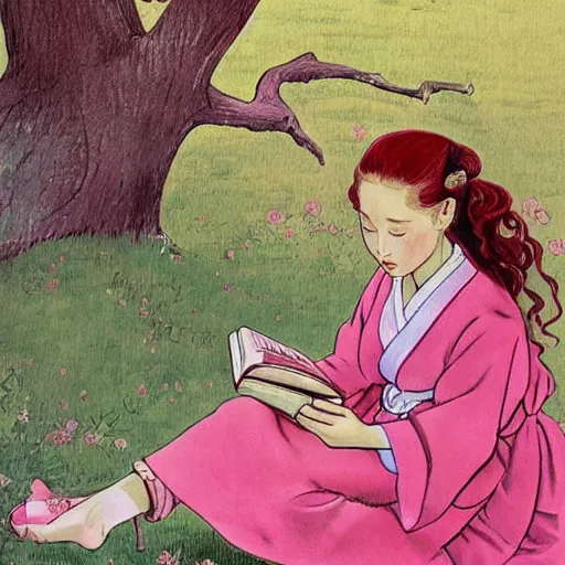 Image similar to beautiful little girl with long curly red hair dressed in a pink kimono and sitting next to a tree while reading a book, artwork made in western comic art style, inspired in balthus, anatomically correct, higher details