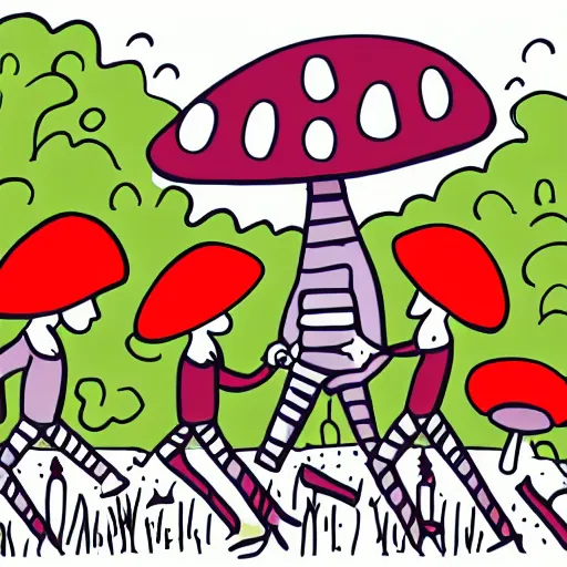 Image similar to Illustration of mushroom people going about their day in the city