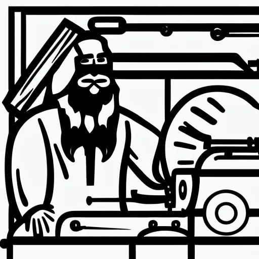 Prompt: bearded man turning bowl woodlathe, lathe, machinery, sawblade border, vector art, simple, clean, monochromatic, logo