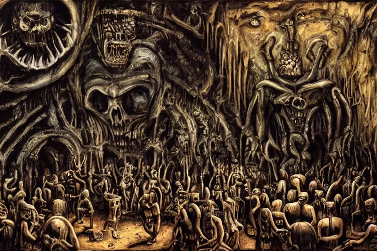 Image similar to stone age rave in a cave, necronom v, painting by h. r. giger