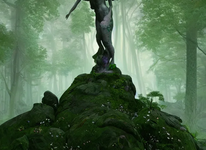 Image similar to an idealistic marble statue with fractal flowery hair and fair porcelain face and green eyes, in a magical forest, painted by, mc escher, gordon onslow ford, georgia o'keeffe and ivan aivazovsky, cinematic light, god rays, colourful, unreal engine, zbrush central,