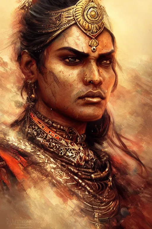 Prompt: hindu warrior, close - up portrait, fierce, intricate, elegant, volumetric lighting, scenery, digital painting, highly detailed, artstation, sharp focus, illustration, concept art, ruan jia, steve mccurry